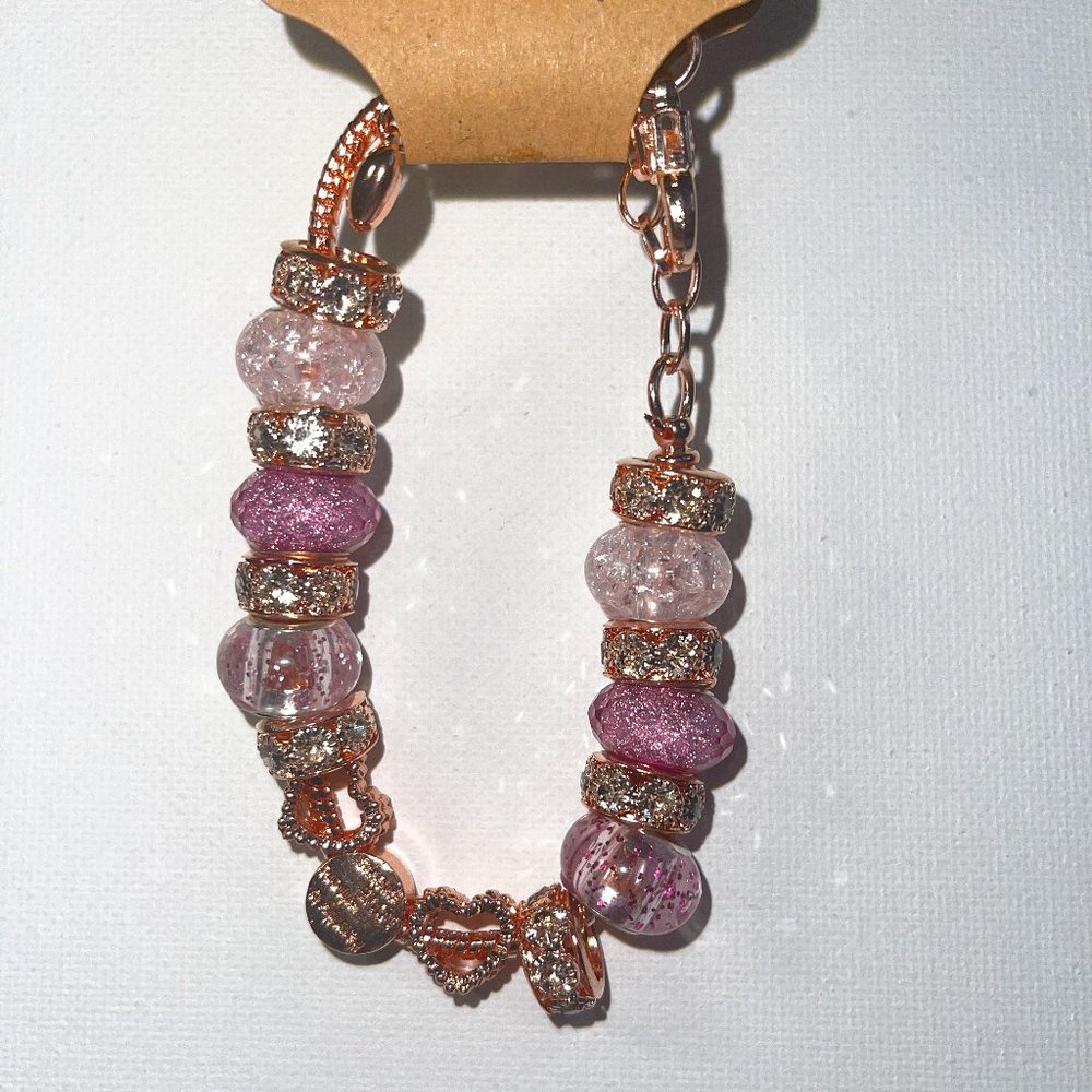 Pink & Rose Gold European Rhinestone Spacer w/Glass Beads Rose Gold Charm